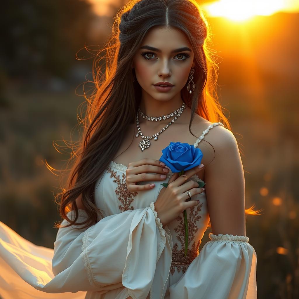 A portrait of a young beautiful woman with long dark brown hair and eyes, wearing an elegantly flowing long white skirt adorned with intricate patterns, complete with delicate jewellery that glimmers in the sunlight