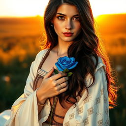 A portrait of a young beautiful woman with long dark brown hair and eyes, wearing an elegantly flowing long white skirt adorned with intricate patterns, complete with delicate jewellery that glimmers in the sunlight