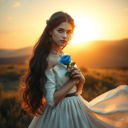 A portrait of a young beautiful woman with long dark brown hair and eyes, wearing an elegantly flowing long white skirt adorned with intricate patterns, complete with delicate jewellery that glimmers in the sunlight