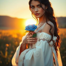 A portrait of a young beautiful woman with long dark brown hair and eyes, wearing an elegantly flowing long white skirt adorned with intricate patterns, complete with delicate jewellery that glimmers in the sunlight