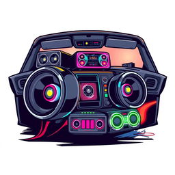 A stylish t-shirt design featuring a detailed illustration of a car's sound system