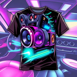 A stylish t-shirt design featuring a detailed illustration of a car's sound system