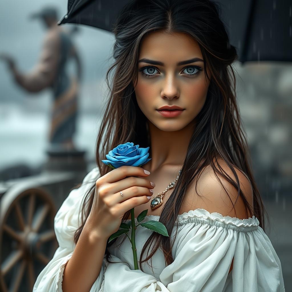 A portrait of a young beautiful woman with long dark brown hair and expressive eyes, wearing a flowing long white skirt that dances lightly with the raindrops, adorned with exquisite jewellery that shines discreetly even in the rain