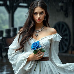 A portrait of a young beautiful woman with long dark brown hair and expressive eyes, wearing a flowing long white skirt that dances lightly with the raindrops, adorned with exquisite jewellery that shines discreetly even in the rain