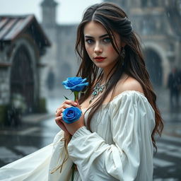 A portrait of a young beautiful woman with long dark brown hair and expressive eyes, wearing a flowing long white skirt that dances lightly with the raindrops, adorned with exquisite jewellery that shines discreetly even in the rain