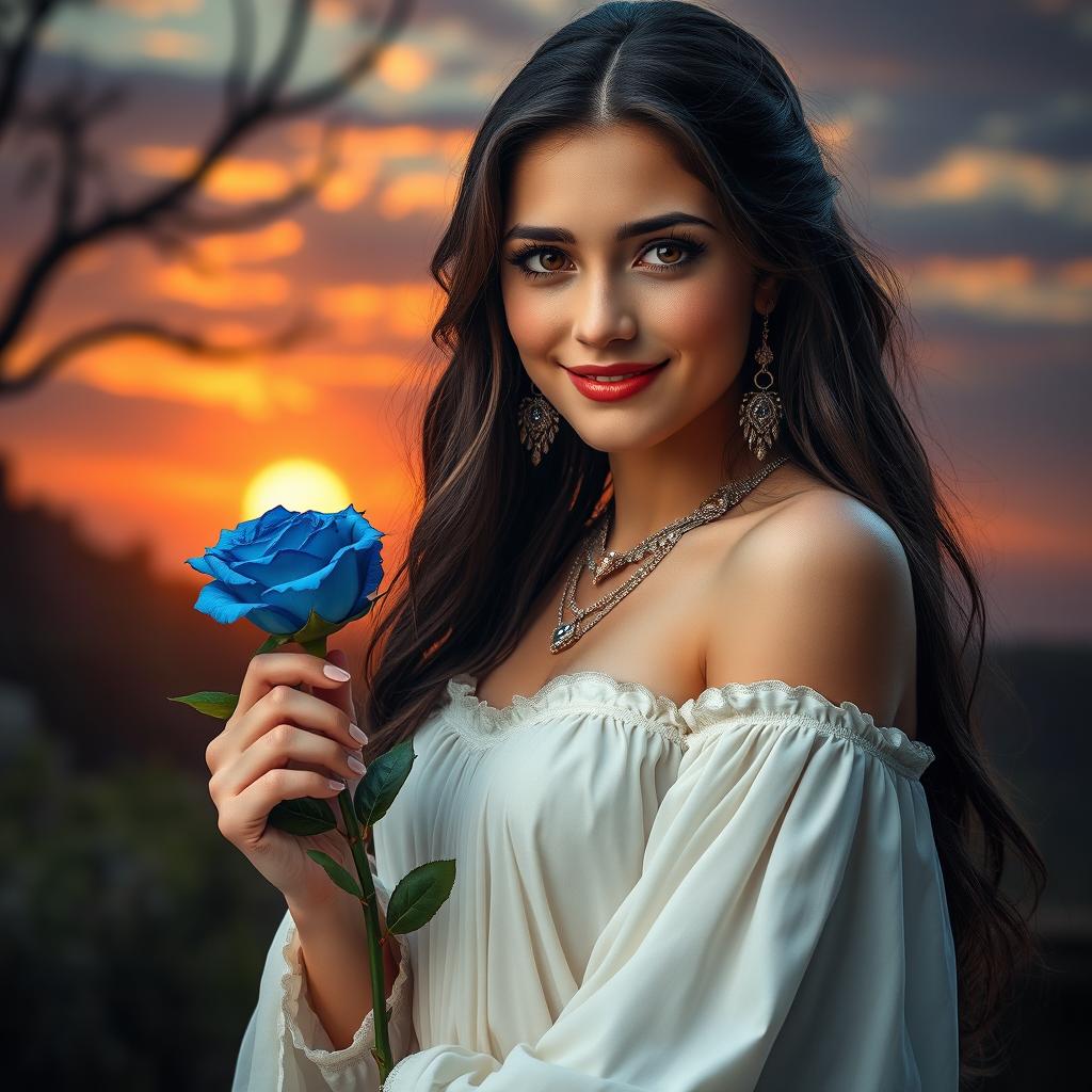 A portrait of a young beautiful woman with long dark brown hair and deep expressive eyes, her face a mix of emotions as she smiles while tears glisten on her cheeks