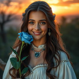 A portrait of a young beautiful woman with long dark brown hair and deep expressive eyes, her face a mix of emotions as she smiles while tears glisten on her cheeks