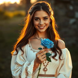 A portrait of a young beautiful woman with long dark brown hair and captivating eyes, elegantly dressed in a flowing long white skirt adorned with tasteful jewellery that catches the fading light