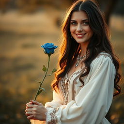 A portrait of a young beautiful woman with long dark brown hair and captivating eyes, elegantly dressed in a flowing long white skirt adorned with tasteful jewellery that catches the fading light