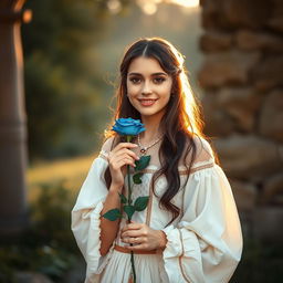 A portrait of a young beautiful woman with long dark brown hair and captivating eyes, elegantly dressed in a flowing long white skirt adorned with tasteful jewellery that catches the fading light