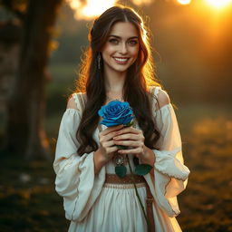 A portrait of a young beautiful woman with long dark brown hair and captivating eyes, elegantly dressed in a flowing long white skirt adorned with tasteful jewellery that catches the fading light