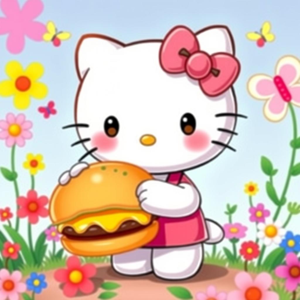 A cute and cheerful Hello Kitty character holding a delicious cheeseburger, beaming with a big smile