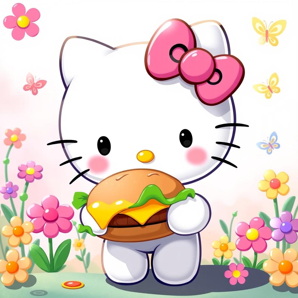 A cute and cheerful Hello Kitty character holding a delicious cheeseburger, beaming with a big smile