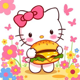 A cute and cheerful Hello Kitty character holding a delicious cheeseburger, beaming with a big smile