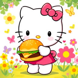 A cute and cheerful Hello Kitty character holding a delicious cheeseburger, beaming with a big smile