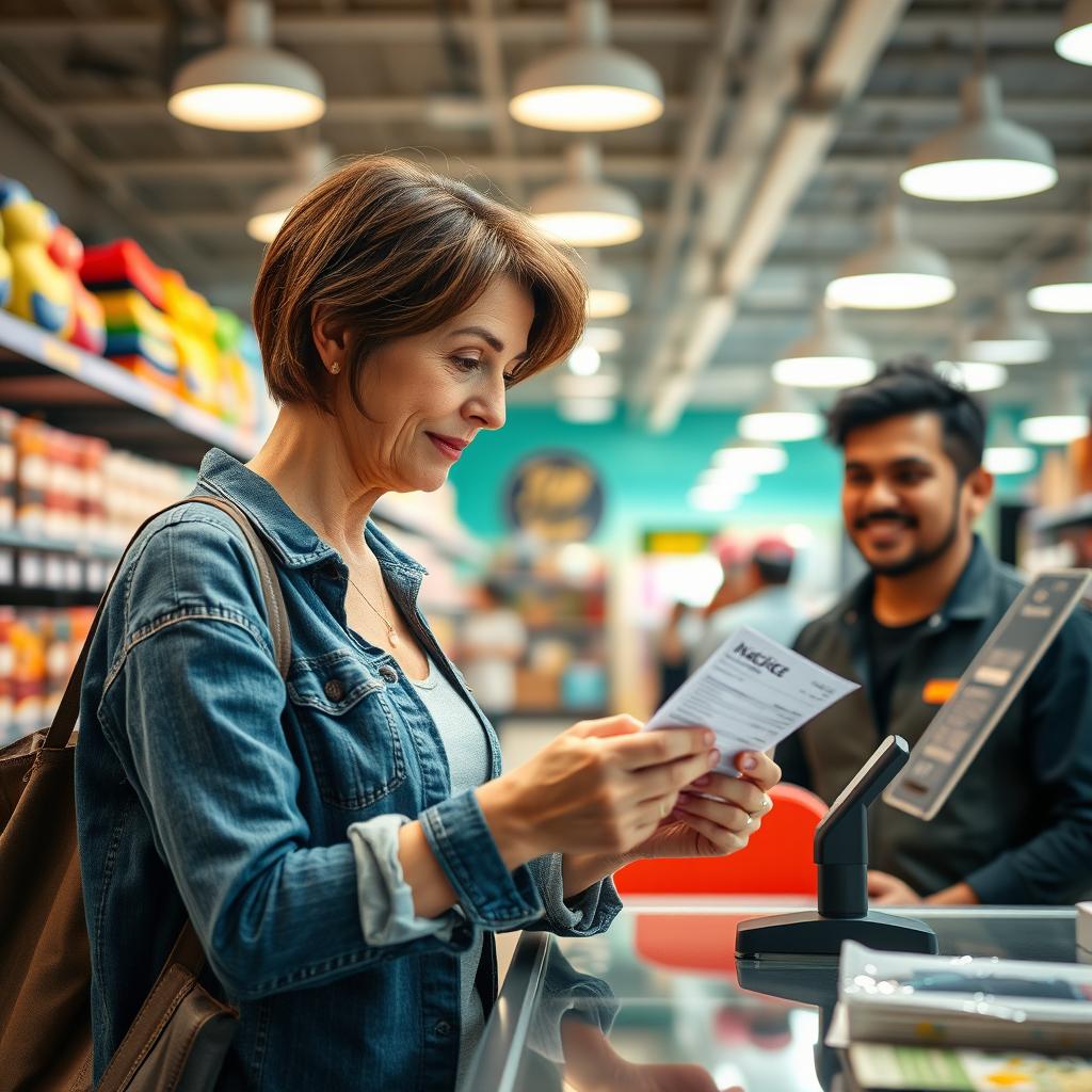 A vibrant and lively retail setting, showcasing a customer, a middle-aged Caucasian woman with short brown hair, wearing casual clothing, attentively reviewing a sales invoice at a checkout counter