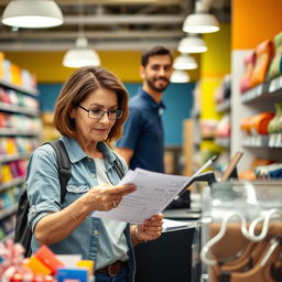 A vibrant and lively retail setting, showcasing a customer, a middle-aged Caucasian woman with short brown hair, wearing casual clothing, attentively reviewing a sales invoice at a checkout counter