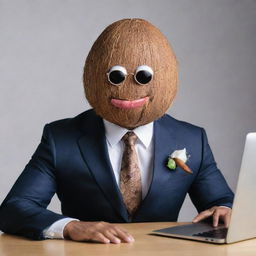 Picture a coconut characterized as the 'CEO of Memes', wearing a stylish suit, confidently holding a luxurious cigar, surrounded by iconic internet memes and inside jokes, set in a swanky digital office.