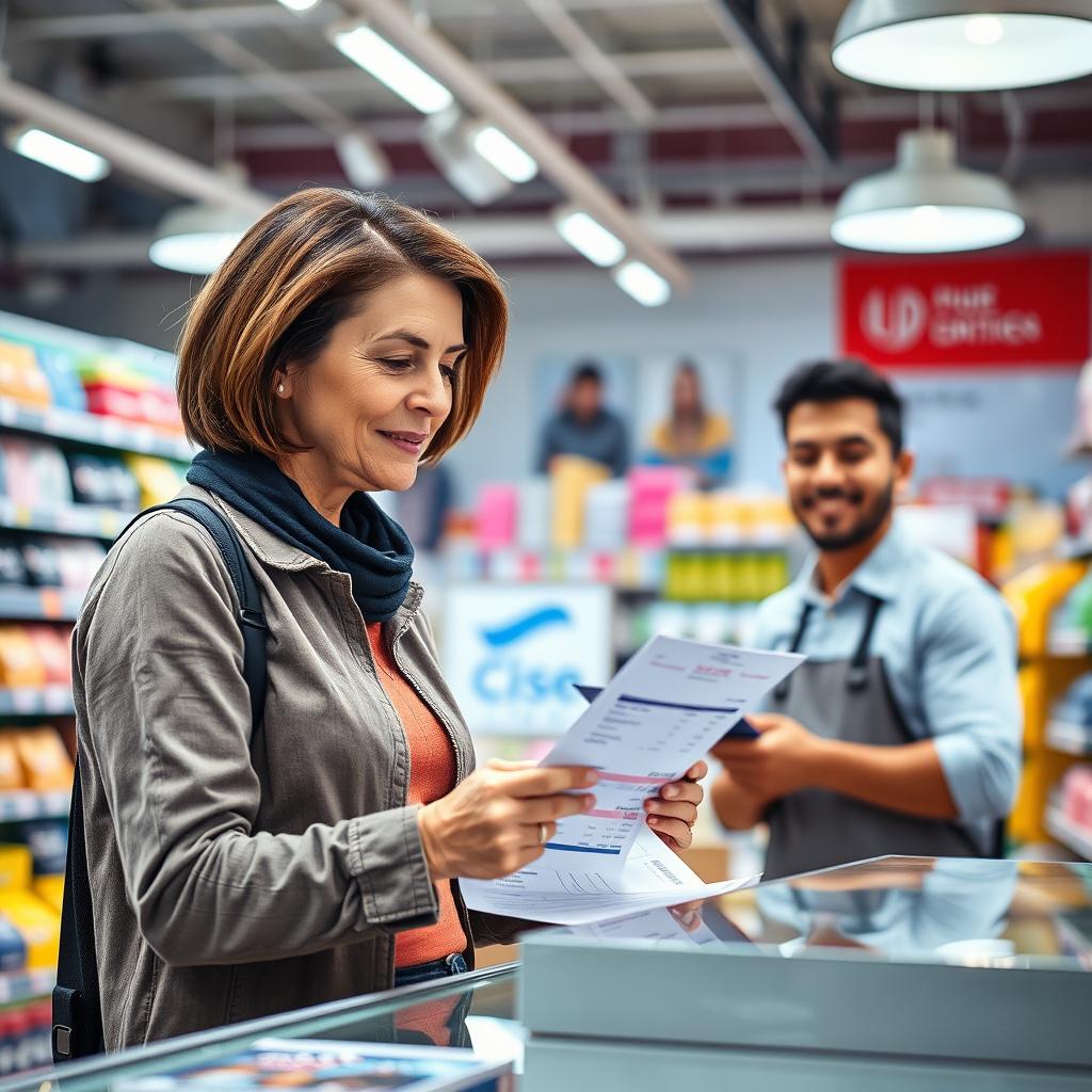 A vibrant and lively retail setting, showcasing a customer, a middle-aged Caucasian woman with short brown hair, wearing casual clothing, attentively reviewing a sales invoice at a checkout counter