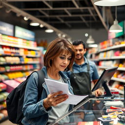 A vibrant and lively retail setting, showcasing a customer, a middle-aged Caucasian woman with short brown hair, wearing casual clothing, attentively reviewing a sales invoice at a checkout counter