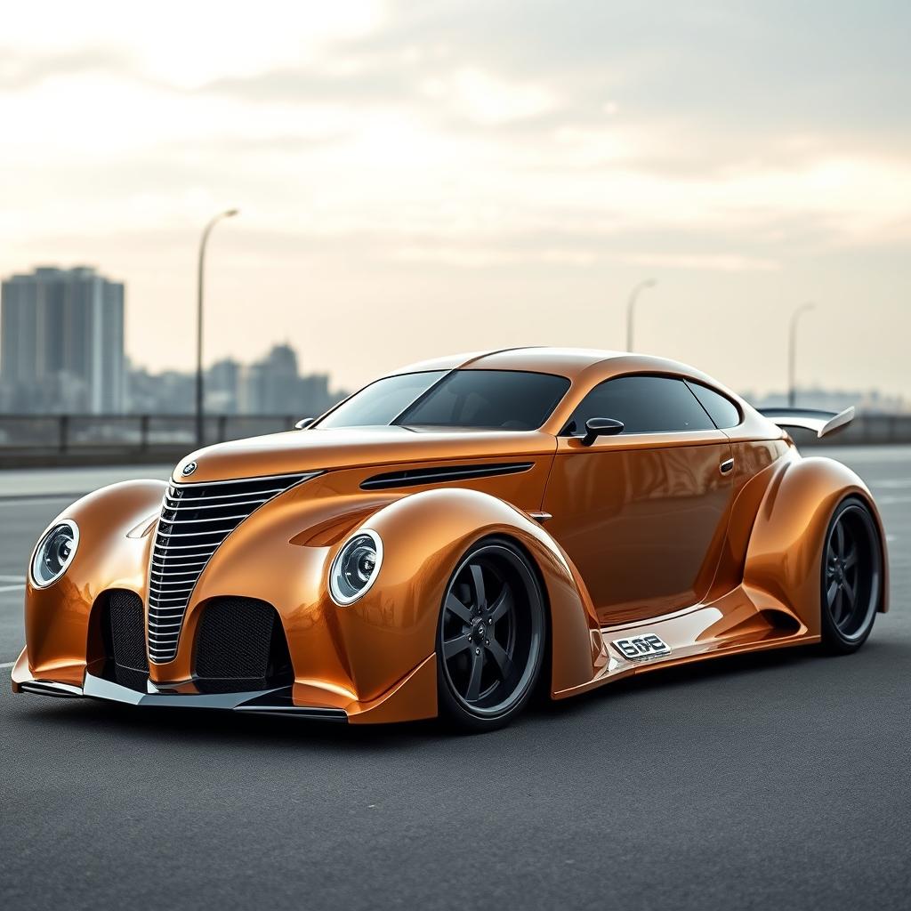 A stunning, futuristic supercar that combines the classic elegance of a 1939 Chevrolet Coupe with a widebody design and avant-garde elements inspired by futuristic BMW aesthetics