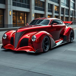 A stunning, futuristic supercar that combines the classic elegance of a 1939 Chevrolet Coupe with a widebody design and avant-garde elements inspired by futuristic BMW aesthetics