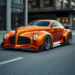 A stunning, futuristic supercar that combines the classic elegance of a 1939 Chevrolet Coupe with a widebody design and avant-garde elements inspired by futuristic BMW aesthetics