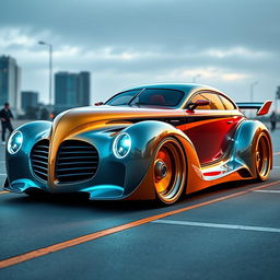 A stunning, futuristic supercar that combines the classic elegance of a 1939 Chevrolet Coupe with a widebody design and avant-garde elements inspired by futuristic BMW aesthetics