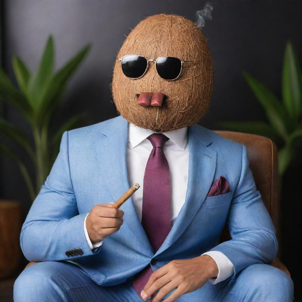 Picture a coconut characterized as the 'CEO of Memes', wearing a stylish suit, confidently holding a luxurious cigar, surrounded by iconic internet memes and inside jokes, set in a swanky digital office.