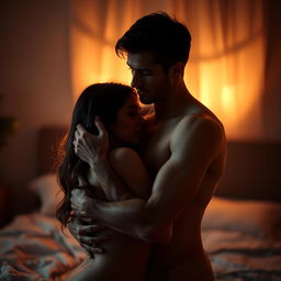 A sensual and artistic representation of intimacy between two adult figures, embracing affectionately in a soft-lit environment