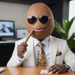 Picture a coconut characterized as the 'CEO of Memes', wearing a stylish suit, confidently holding a luxurious cigar, surrounded by iconic internet memes and inside jokes, set in a swanky digital office.