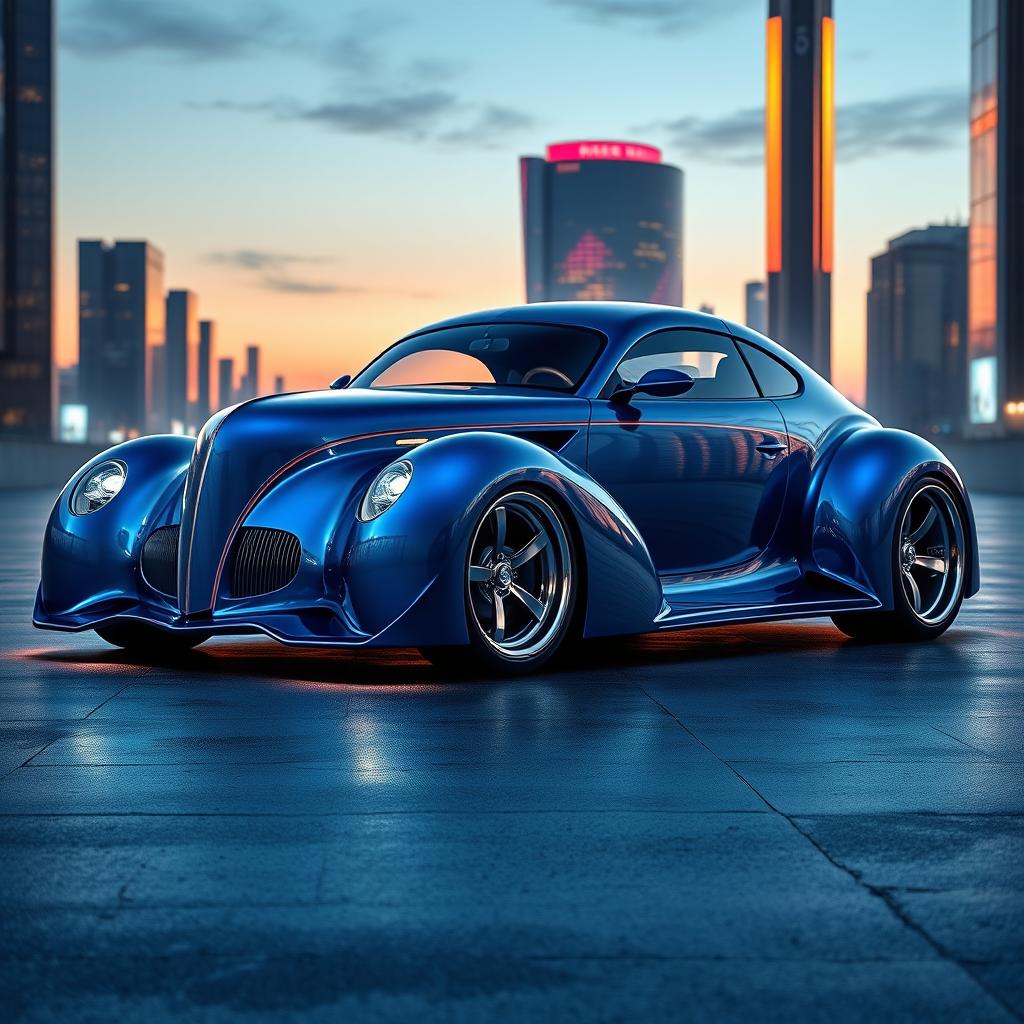 A stunning supercar that beautifully fuses the classic design elements of a 1939 Chevrolet Coupe with a widebody silhouette and the sleek, futuristic aesthetics of high-performance BMW avant-garde styling