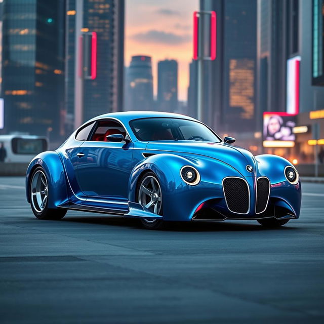 A stunning supercar that beautifully fuses the classic design elements of a 1939 Chevrolet Coupe with a widebody silhouette and the sleek, futuristic aesthetics of high-performance BMW avant-garde styling