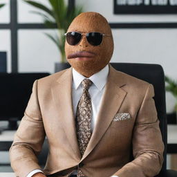 Picture a coconut characterized as the 'CEO of Memes', wearing a stylish suit, confidently holding a luxurious cigar, surrounded by iconic internet memes and inside jokes, set in a swanky digital office.