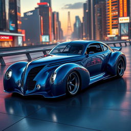 A stunning supercar that beautifully fuses the classic design elements of a 1939 Chevrolet Coupe with a widebody silhouette and the sleek, futuristic aesthetics of high-performance BMW avant-garde styling