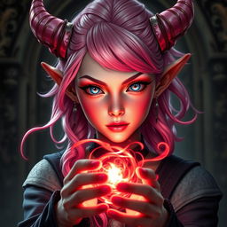 A stunning portrait of a young and beautiful tiefling with striking pink and white hair styled elegantly