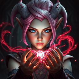 A stunning portrait of a young and beautiful tiefling with striking pink and white hair styled elegantly