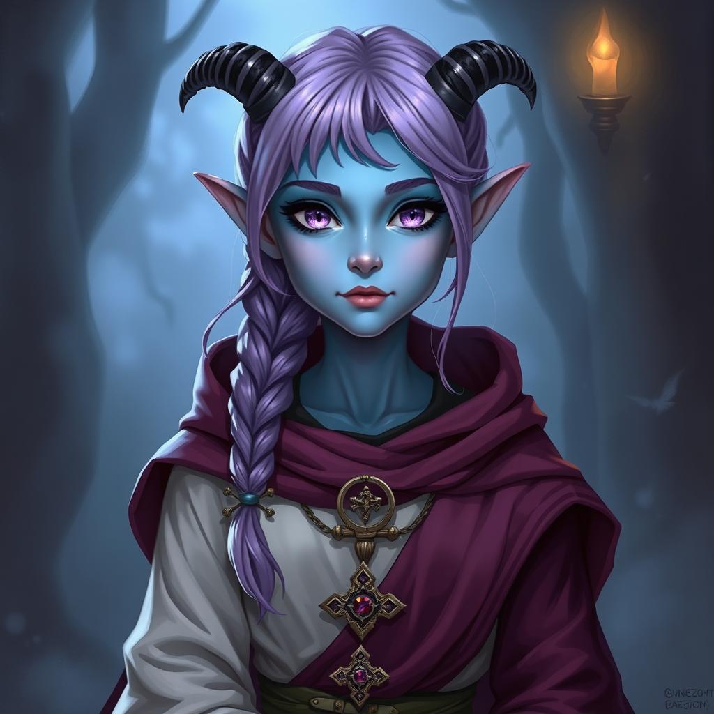 A full-body depiction of a young female tiefling in a Dungeons & Dragons fantasy art style