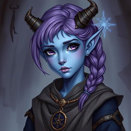 A full-body depiction of a young female tiefling in a Dungeons & Dragons fantasy art style