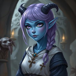 A full-body depiction of a young female tiefling in a Dungeons & Dragons fantasy art style