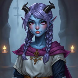 A full-body depiction of a young female tiefling in a Dungeons & Dragons fantasy art style