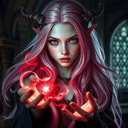 A captivating portrait of a 20-year-old beautiful tiefling with long, flowing pink and white hair that cascades elegantly around her shoulders