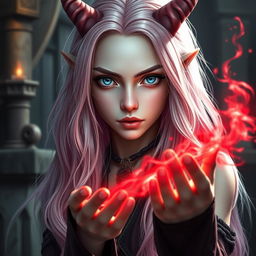 A captivating portrait of a 20-year-old beautiful tiefling with long, flowing pink and white hair that cascades elegantly around her shoulders