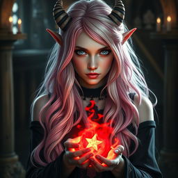 A captivating portrait of a 20-year-old beautiful tiefling with long, flowing pink and white hair that cascades elegantly around her shoulders