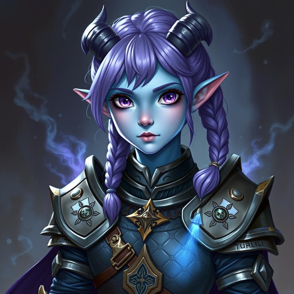 A full-body depiction of a young female tiefling in Dungeons & Dragons fantasy art style