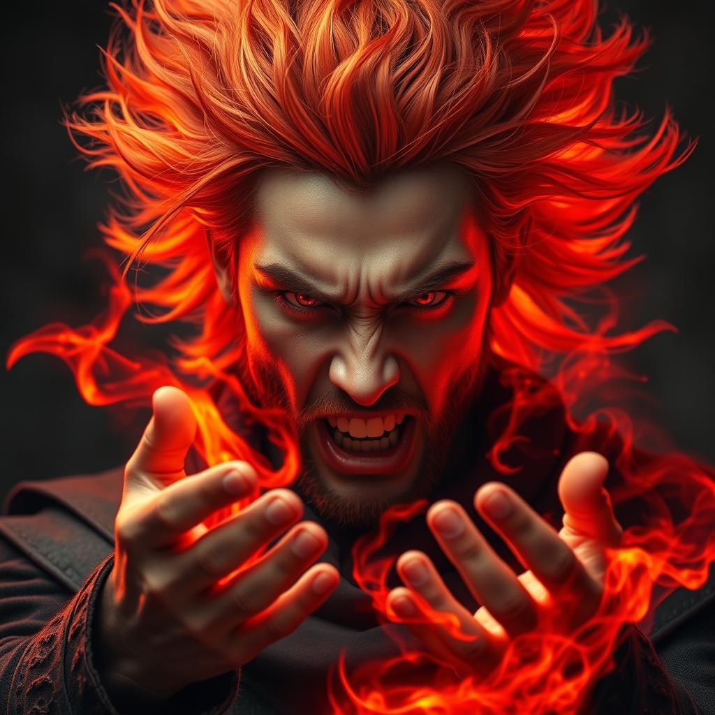 A powerful portrait of a 20-year-old angry man with wild fire-like hair that blazes with vibrant shades of orange and red