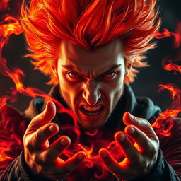 A powerful portrait of a 20-year-old angry man with wild fire-like hair that blazes with vibrant shades of orange and red