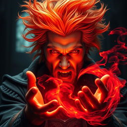 A powerful portrait of a 20-year-old angry man with wild fire-like hair that blazes with vibrant shades of orange and red