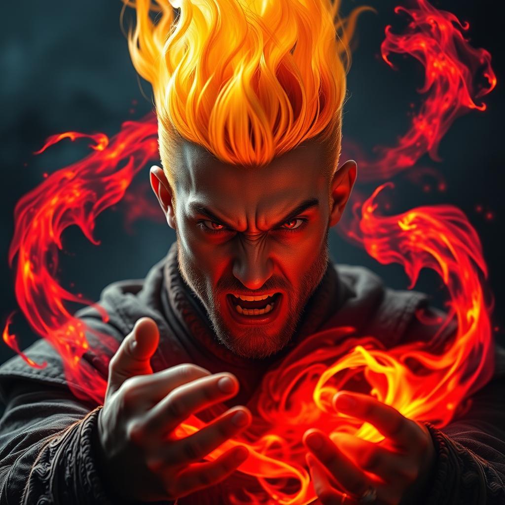 A powerful portrait of a 20-year-old angry man with a striking yellow fire head that flickers with intensity, resembling flames