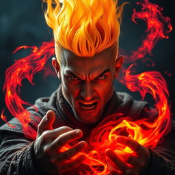 A powerful portrait of a 20-year-old angry man with a striking yellow fire head that flickers with intensity, resembling flames